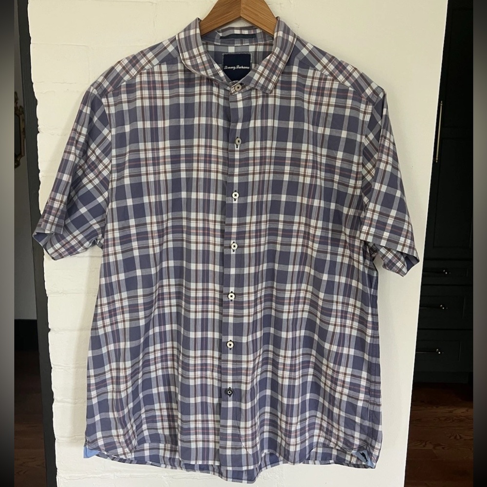 Tommy Bahama purple plaid stretch short sleeve button up shirt - XL